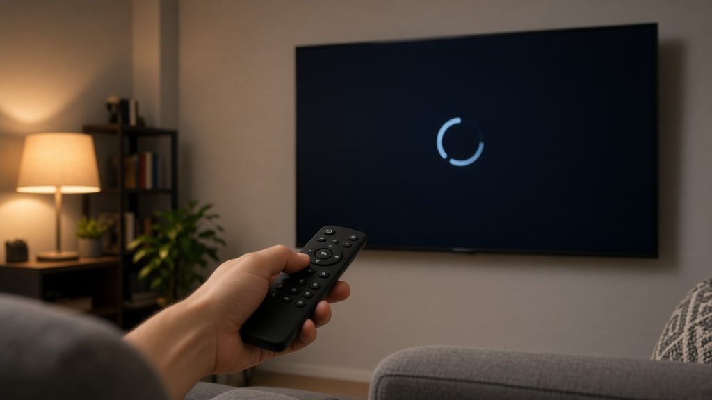 Ruka s dálkovým ovladačem před plochou televizí na stěně v moderním obývacím pokoji večer