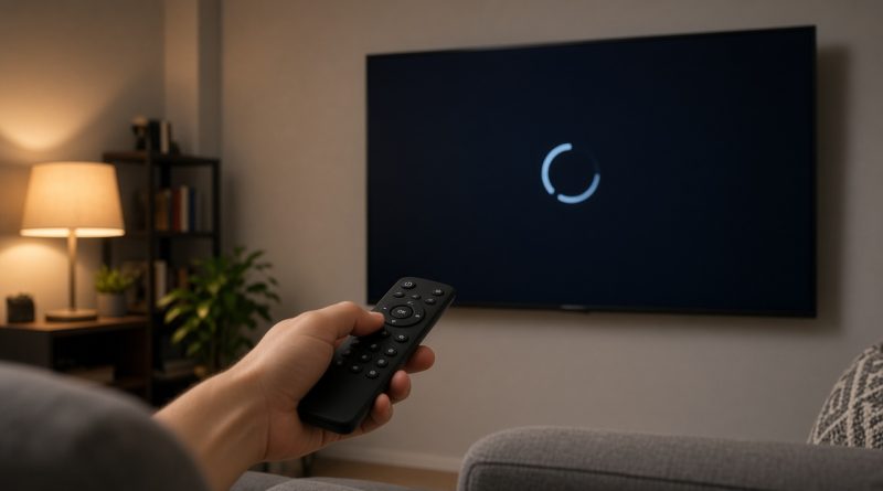 Ruka s dálkovým ovladačem před plochou televizí na stěně v moderním obývacím pokoji večer