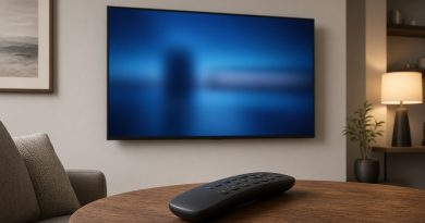 Moderní televize v obývacím pokoji s nabídkou nastavení na obrazovce a dálkovým ovladačem na stolku