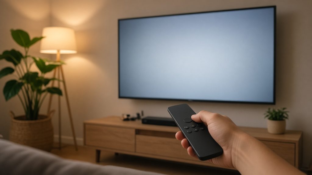 Ruka s dálkovým ovladačem mířící na plochou televizi na zdi v útulném obývacím pokoji