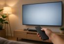 Ruka s dálkovým ovladačem mířící na plochou televizi na zdi v útulném obývacím pokoji