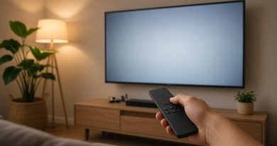 Ruka s dálkovým ovladačem mířící na plochou televizi na zdi v útulném obývacím pokoji