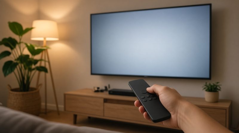 Ruka s dálkovým ovladačem mířící na plochou televizi na zdi v útulném obývacím pokoji
