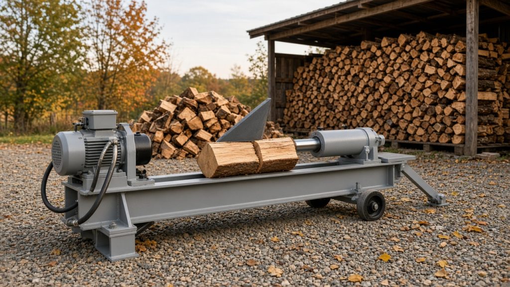 Hydraulický štípač na dřevo na dvoře s hromadou naštípaných polen