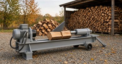 Hydraulický štípač na dřevo na dvoře s hromadou naštípaných polen