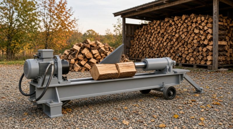 Hydraulický štípač na dřevo na dvoře s hromadou naštípaných polen