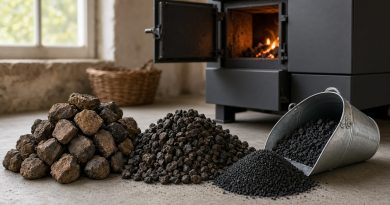Hnědé a černé uhlí různé zrnitosti – kostka, ořech a hrášek – vedle kotle na tuhá paliva v kotelně