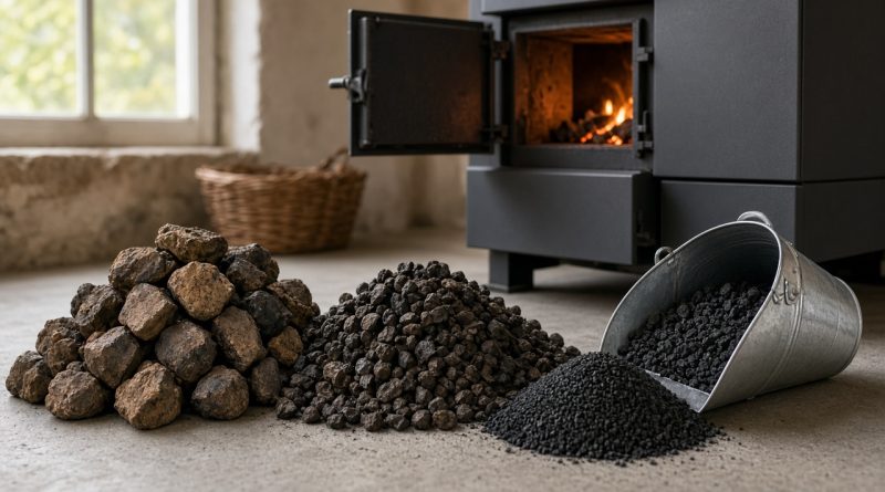 Hnědé a černé uhlí různé zrnitosti – kostka, ořech a hrášek – vedle kotle na tuhá paliva v kotelně