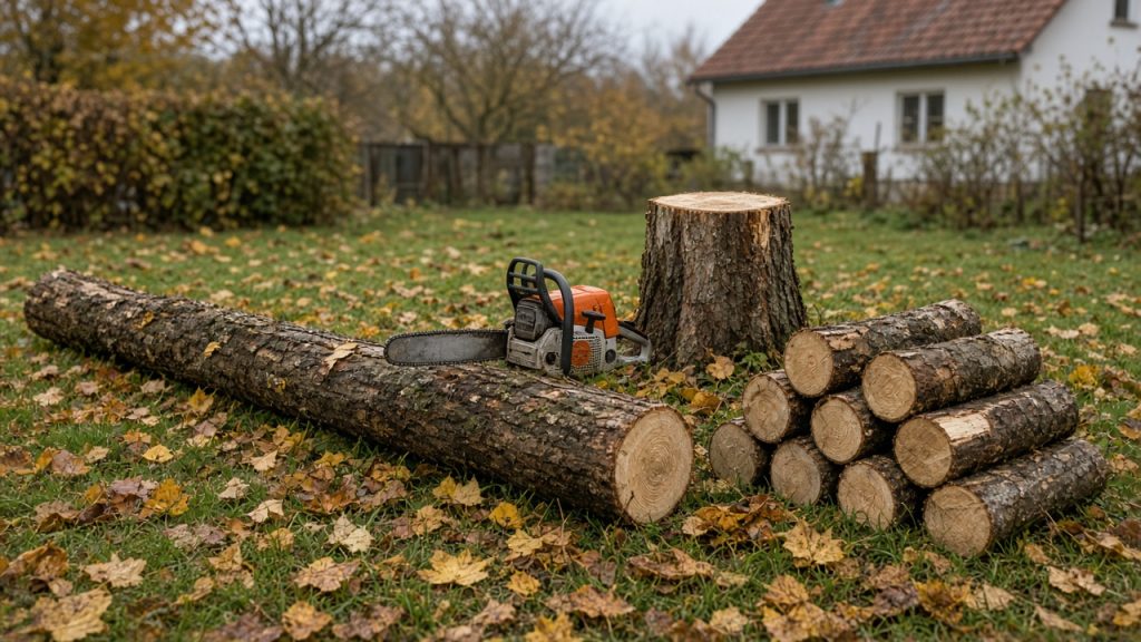 Pokácený kmen stromu a motorová pila na podzimní zahradě s opadaným listím