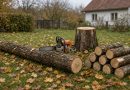 Pokácený kmen stromu a motorová pila na podzimní zahradě s opadaným listím
