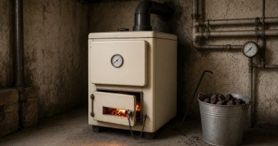 Starší ocelový kotel na uhlí v domácí kotelně s pootevřenými dvířky a žhavým ohněm uvnitř