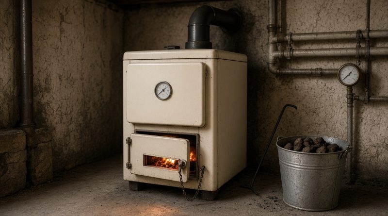 Starší ocelový kotel na uhlí v domácí kotelně s pootevřenými dvířky a žhavým ohněm uvnitř