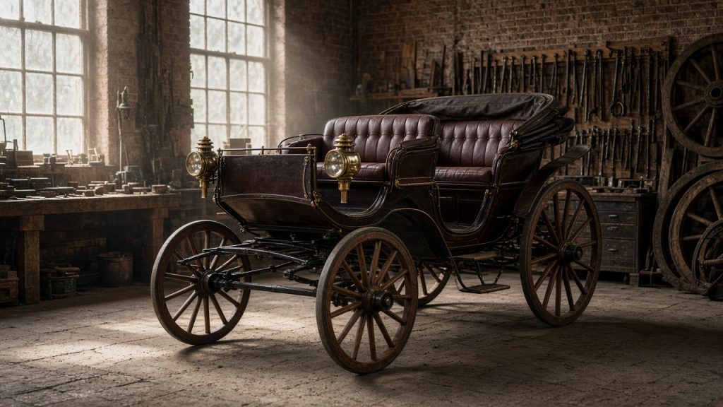 Historický bezkoňový kočár s dřevěnými paprskovými koly v dílně staré kočárovny