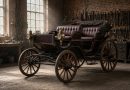 Historický bezkoňový kočár s dřevěnými paprskovými koly v dílně staré kočárovny