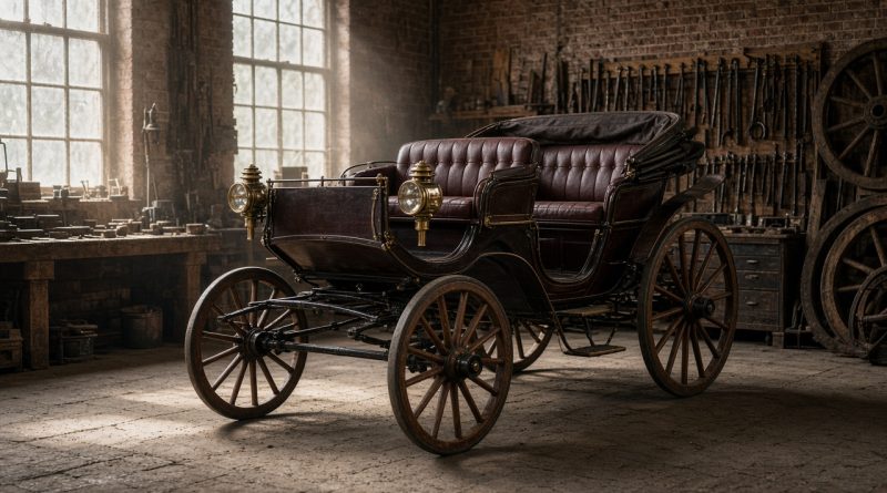 Historický bezkoňový kočár s dřevěnými paprskovými koly v dílně staré kočárovny