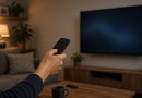 Ruka mířící černým dálkovým ovladačem na plochou televizi v moderním obývacím pokoji
