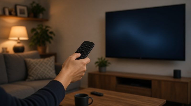 Ruka mířící černým dálkovým ovladačem na plochou televizi v moderním obývacím pokoji
