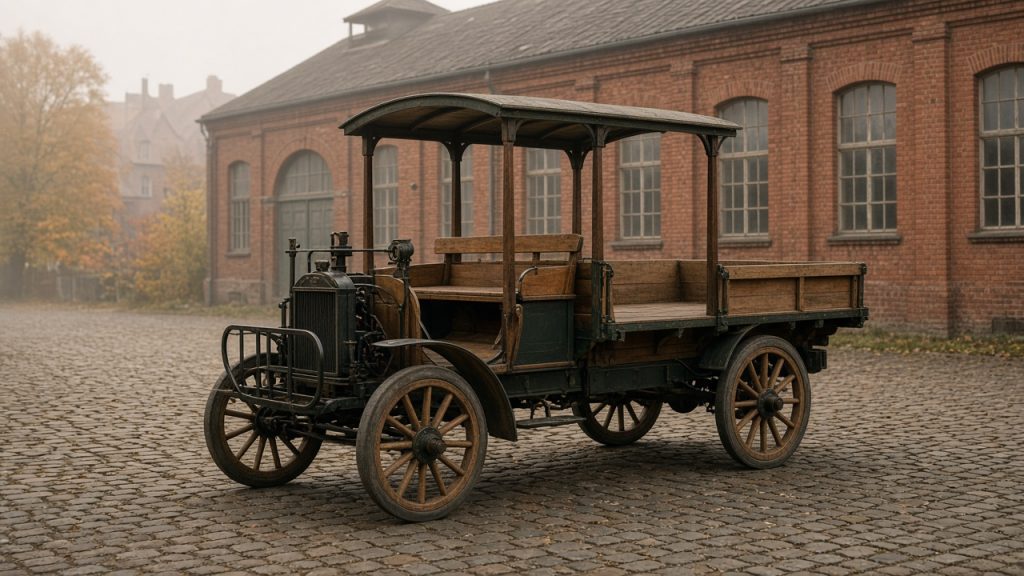Historický dřevěný valník na loukoťových kolech před starou cihlovou tovární halou
