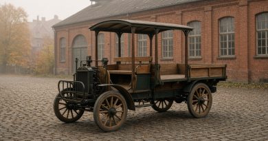 Historický dřevěný valník na loukoťových kolech před starou cihlovou tovární halou