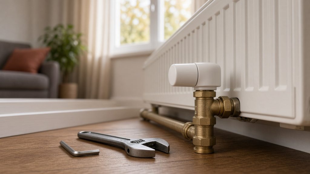 Bílá termostatická hlavice na ventilu radiátoru v obývacím pokoji