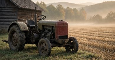 Malý starý traktor bez kabiny stojící na okraji pole u venkovské stodoly za mlhavého rána