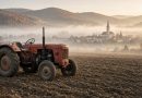 Starý červený traktor na poli za podzimního rána v české krajině