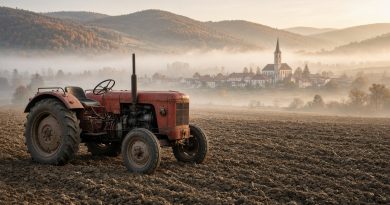 Starý červený traktor na poli za podzimního rána v české krajině