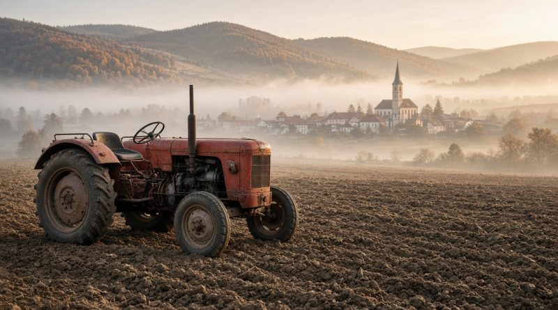Starý červený traktor na poli za podzimního rána v české krajině